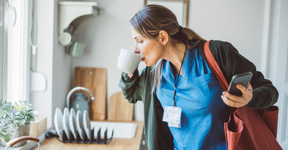 Nurse medical doctor getting ready for work drinking coffee job; what does the Spirit do for you?