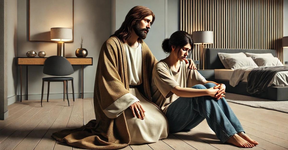 Jesus comforting a woman;